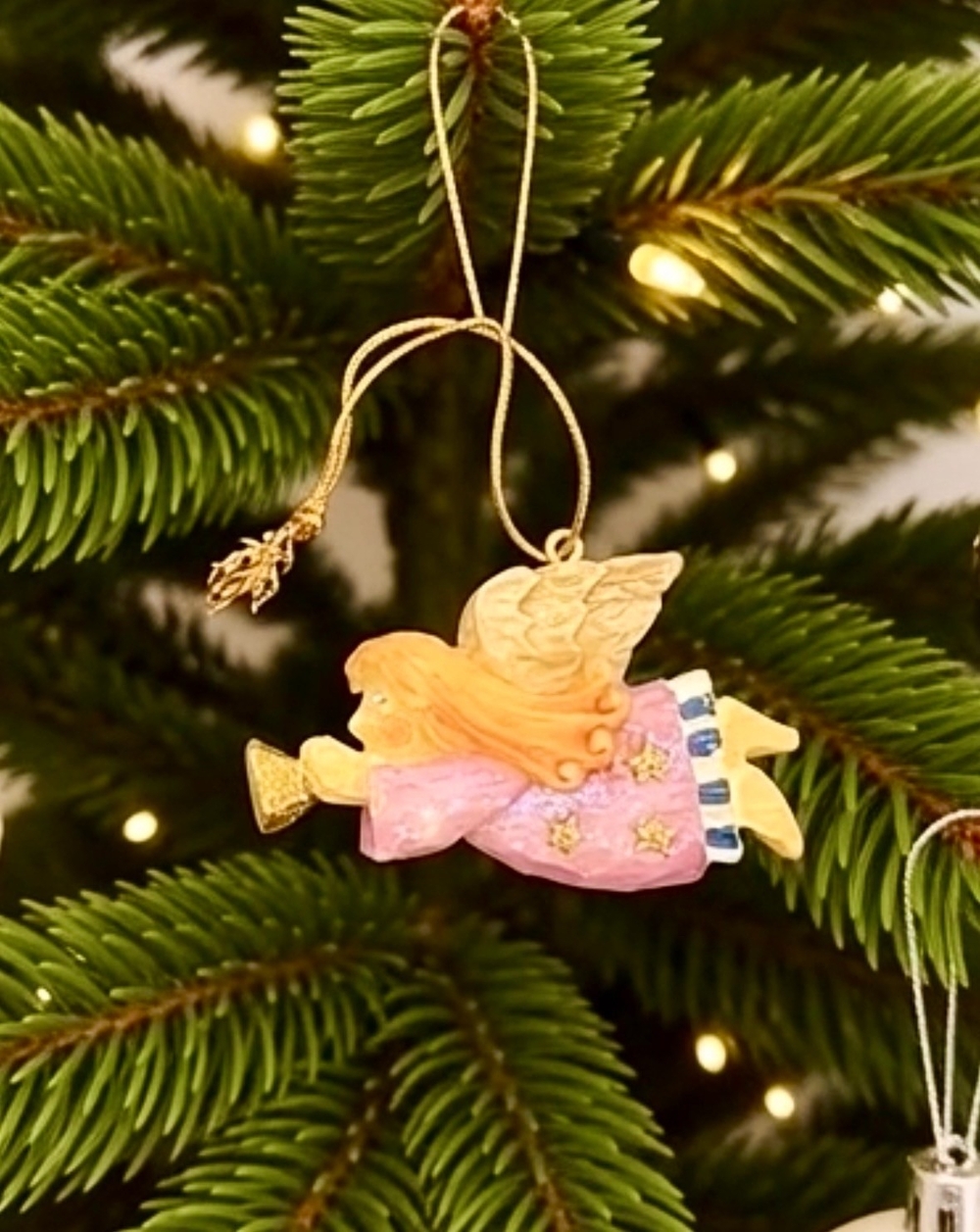 Vintage Heavenly Angel Playing Trumpet Christmas Tree Ornament 2.25”